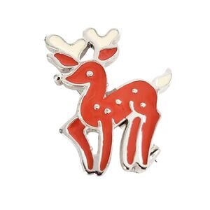 Vintage Reindeer Silver Tone Multicolor Enamel Brooch Pin Signed Christmas Style